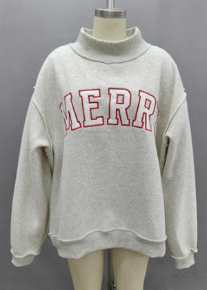 Merry Gray Embroidered Mock Neck Sweatshirt