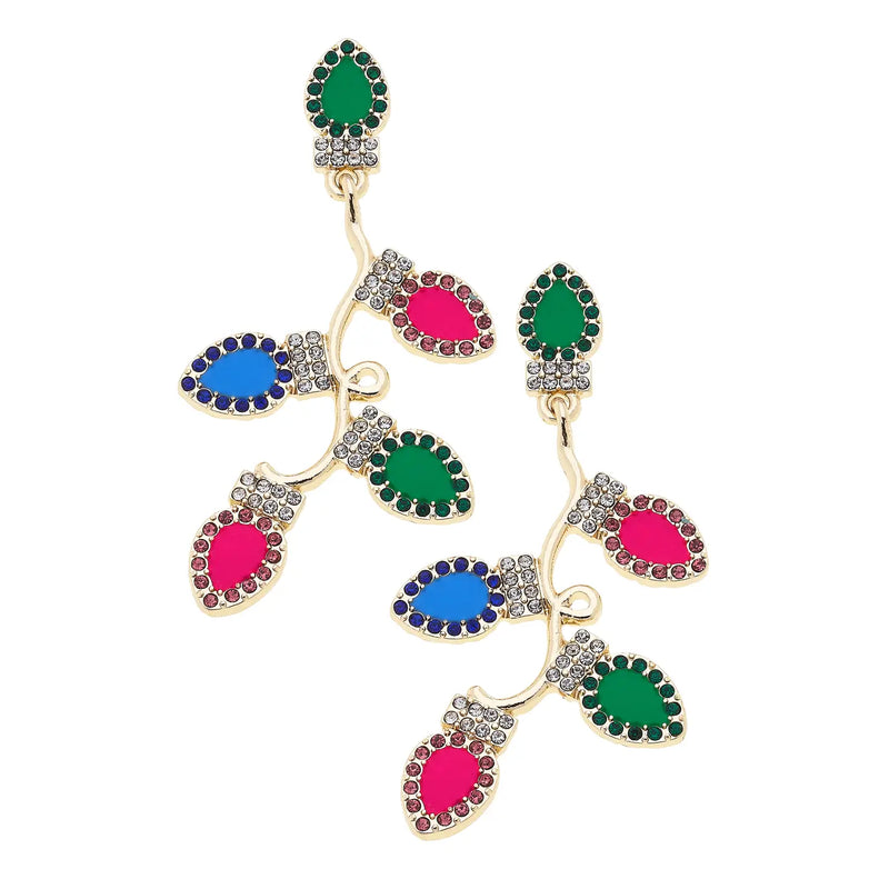 Rhinestone Enamel Christmas Lights Earrings in Green