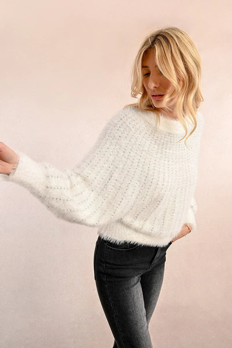 Shimmy Shimmer White Fuzzy Sweater