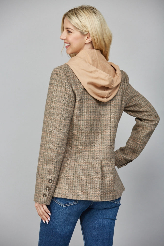 Hooded Herringbone Pattern Double Breasted Blazer