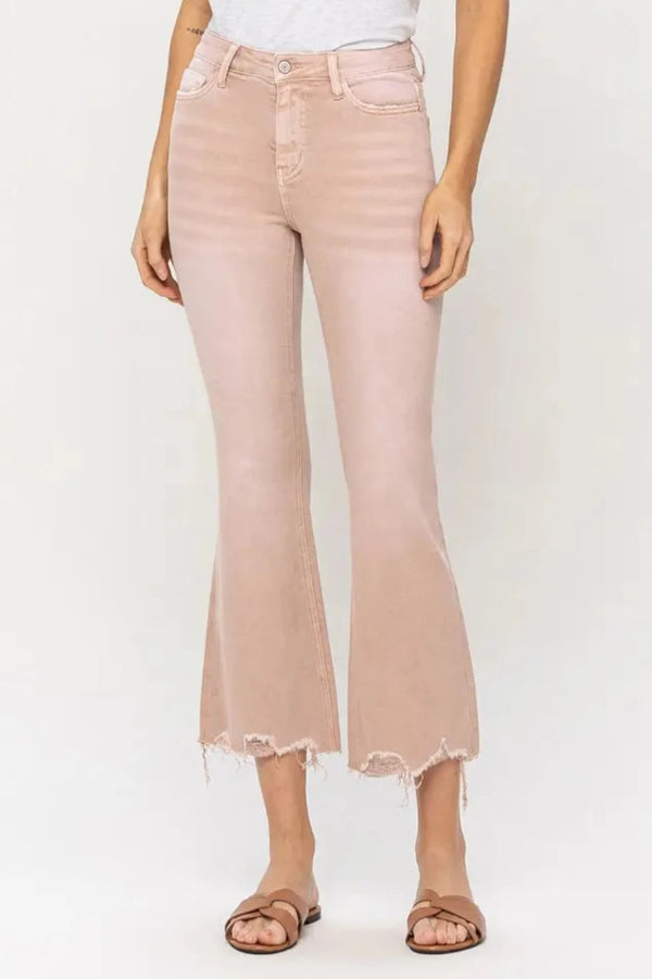 Coral High Rise Distressed Cropped Flare Jeans