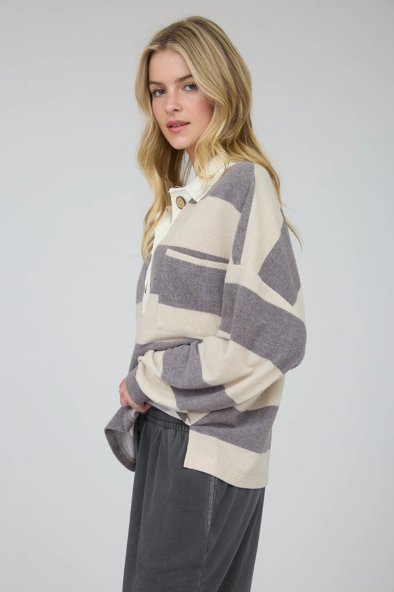 Washed Striped Collar Contrast Top