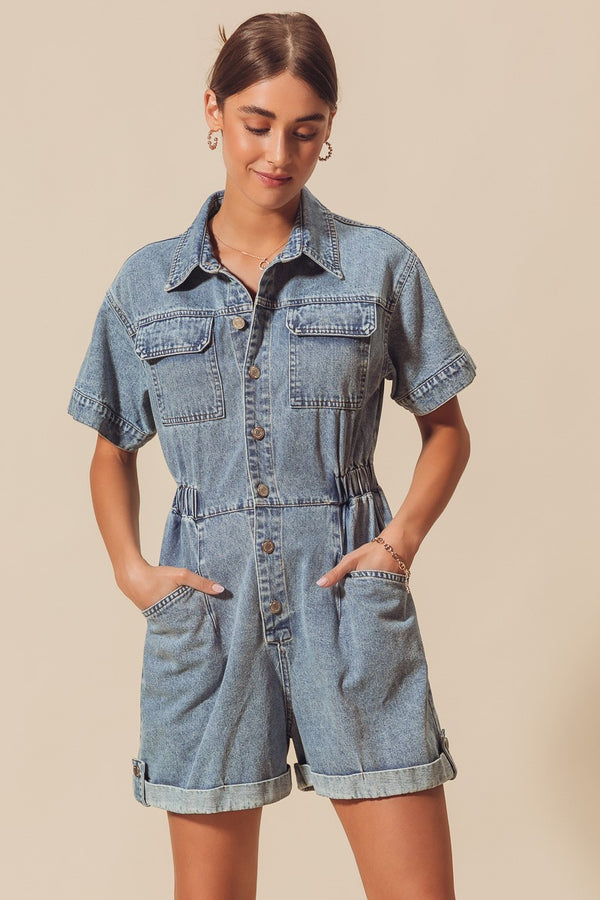 Utility Button Down Washed Denim Romper