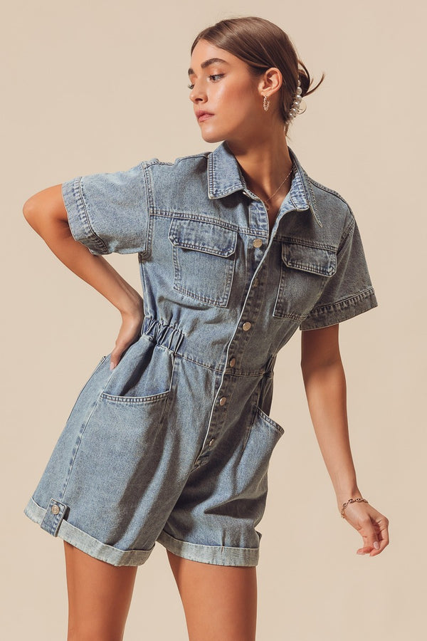 Utility Button Down Washed Denim Romper