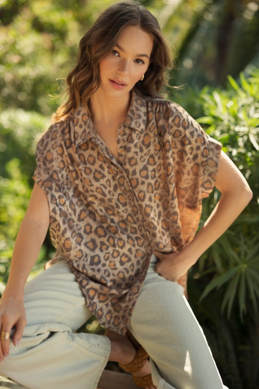 Leopard Button Up Metallic Top