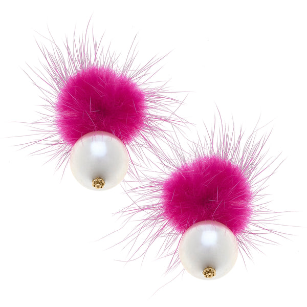 Aster Faux Mink Pompom & Pearl Earrings