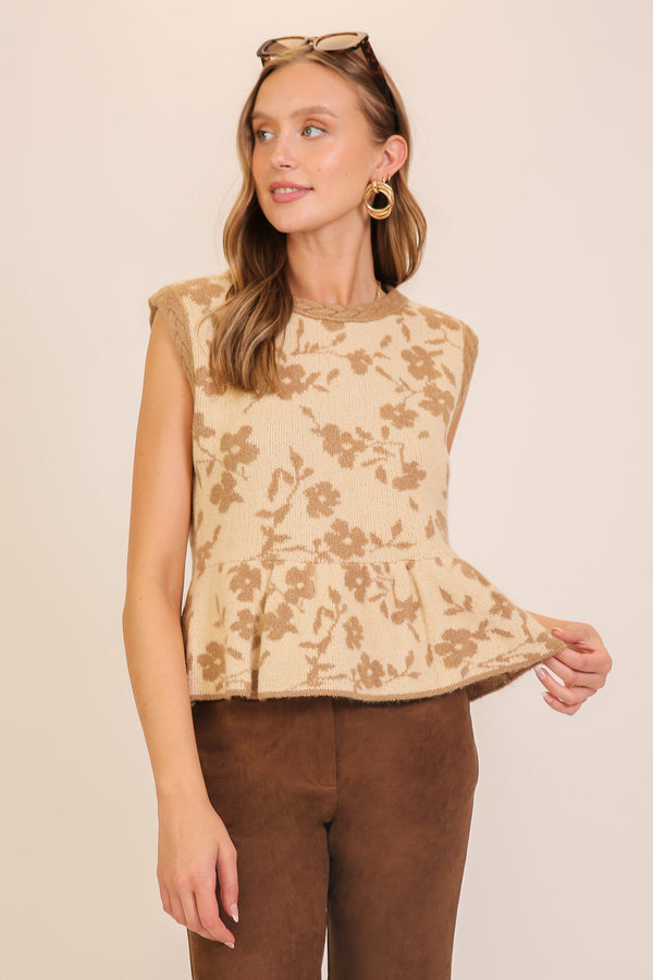 Floral Knit Peplum Sweater Vest