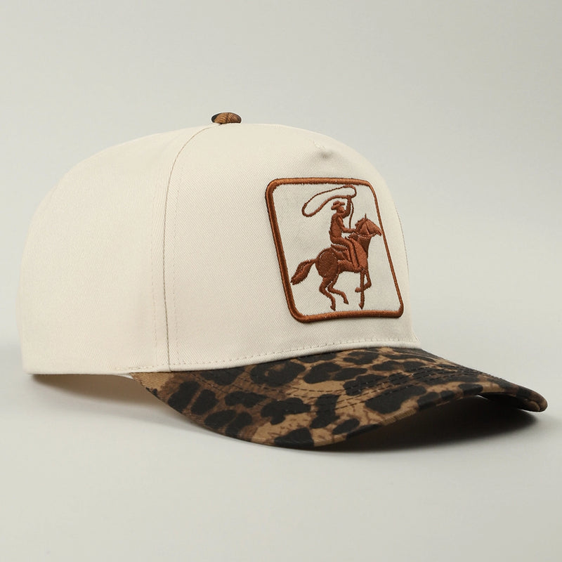 Cowboy Embroidered Patch Leopard Brim Trucker Hat