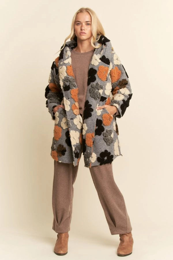 Chunky Flower Embroidered Hoodie Coat Jacket