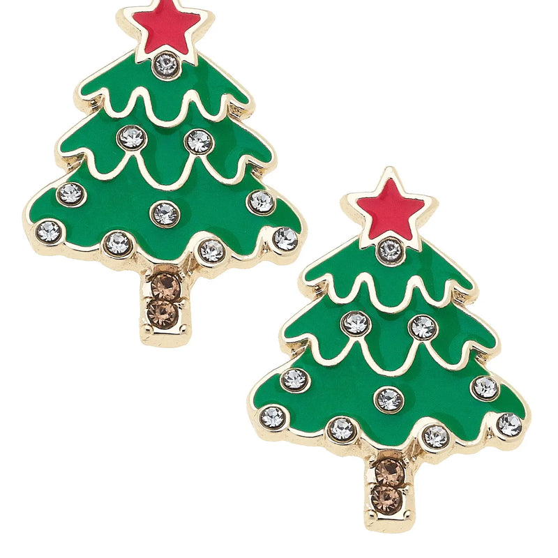 Rhinestone Enamel Christmas Tree Stud Earrings in Green