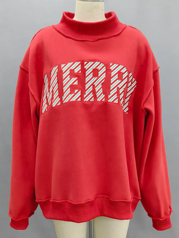 Merry Candy Cane Embroidered Mock Neck Sweatshirt