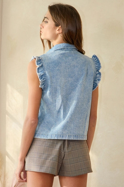 Ruffle Adorned Denim Vest