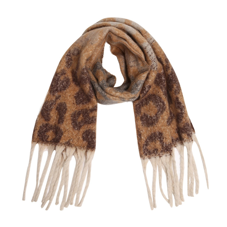 Leopard Print Oblong Scarf Shawl with Fringe