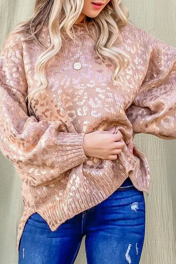 Apricot Glitter Leopard Print Sweater