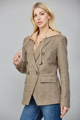 Hooded Herringbone Pattern Double Breasted Blazer