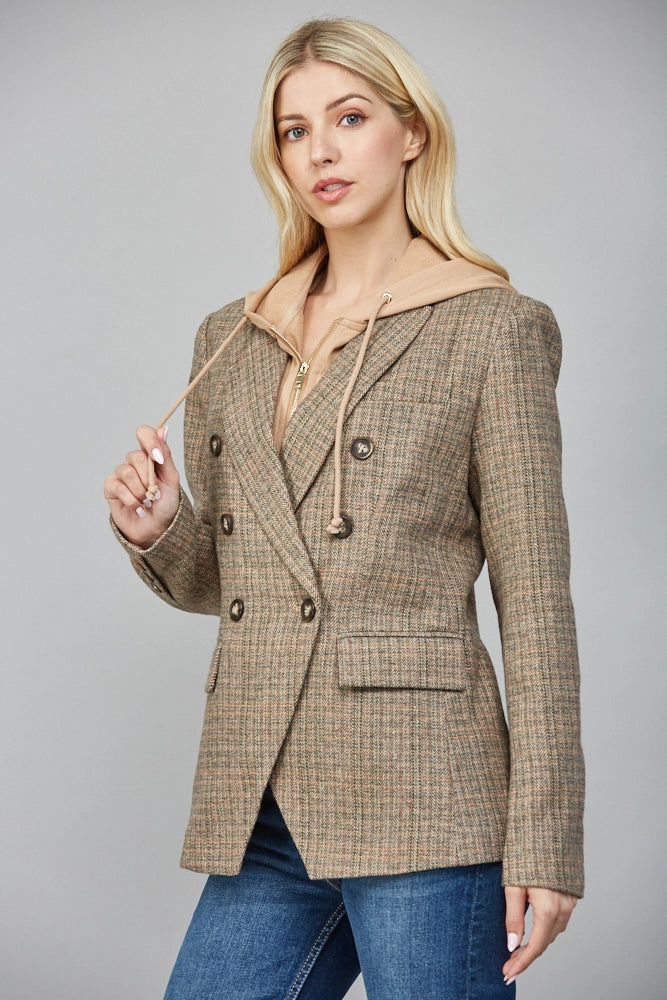 Hooded Herringbone Pattern Double Breasted Blazer