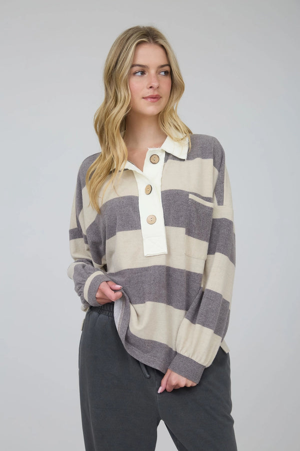 Washed Striped Collar Contrast Top