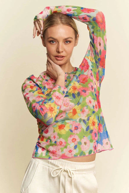 Flower Printed Mesh Round Neck Long Sleeve Top