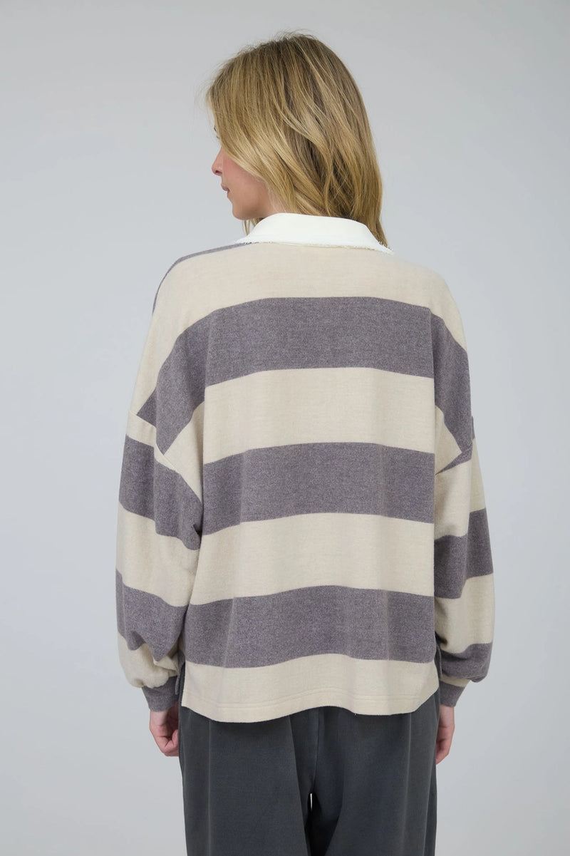 Washed Striped Collar Contrast Top