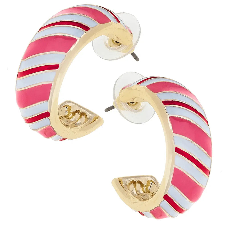 Candy Cane Striped Enamel Hoop Earrings in Pink/White/Red