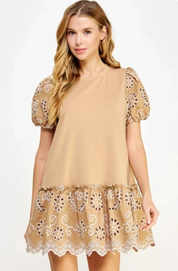 Embroidered Eyelet Lace Contrast Knit Mini Dress