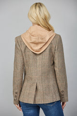 Hooded Herringbone Pattern Double Breasted Blazer
