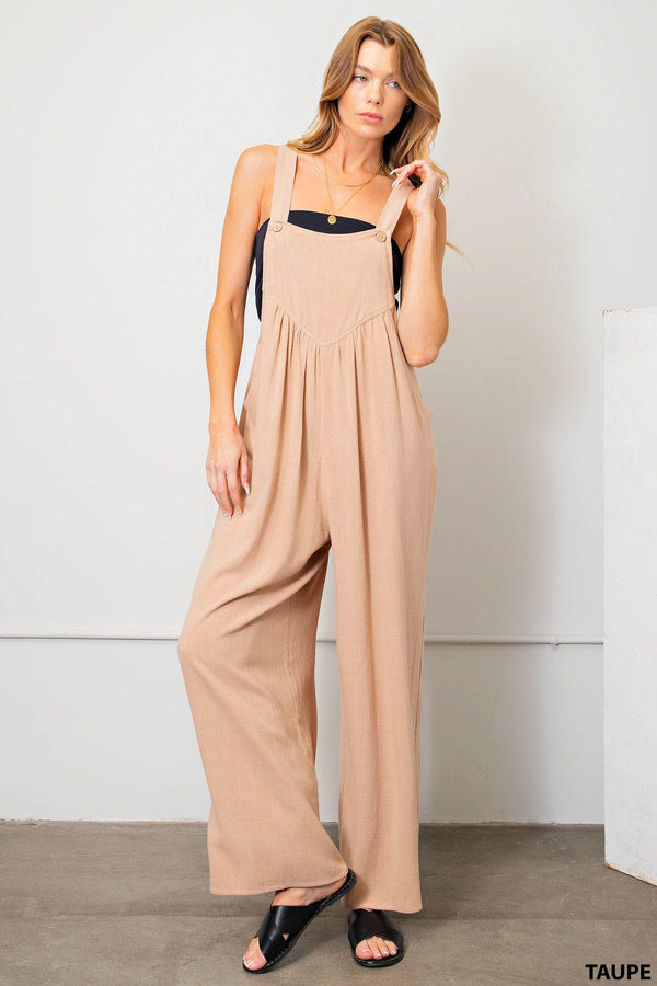 Linen Wide Leg Overalls with Shiring Detail