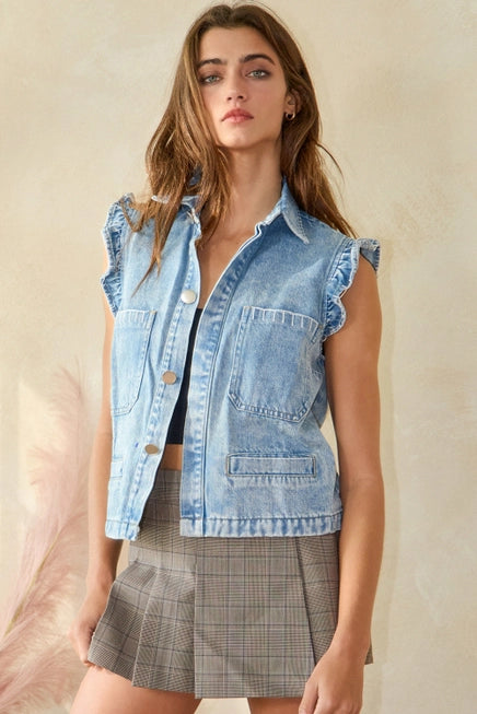 Ruffle Adorned Denim Vest