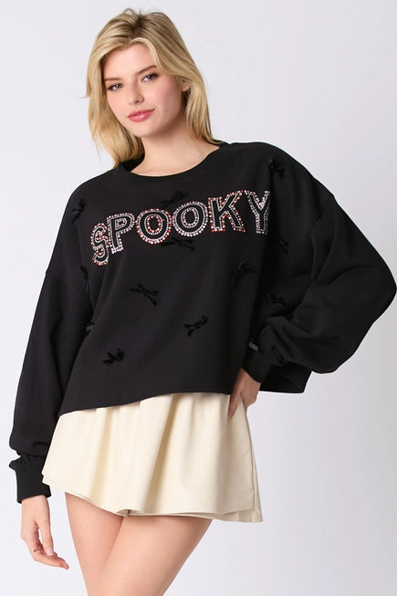 Spooky Studded Sweatshirt with Velvet Ribbon Detail