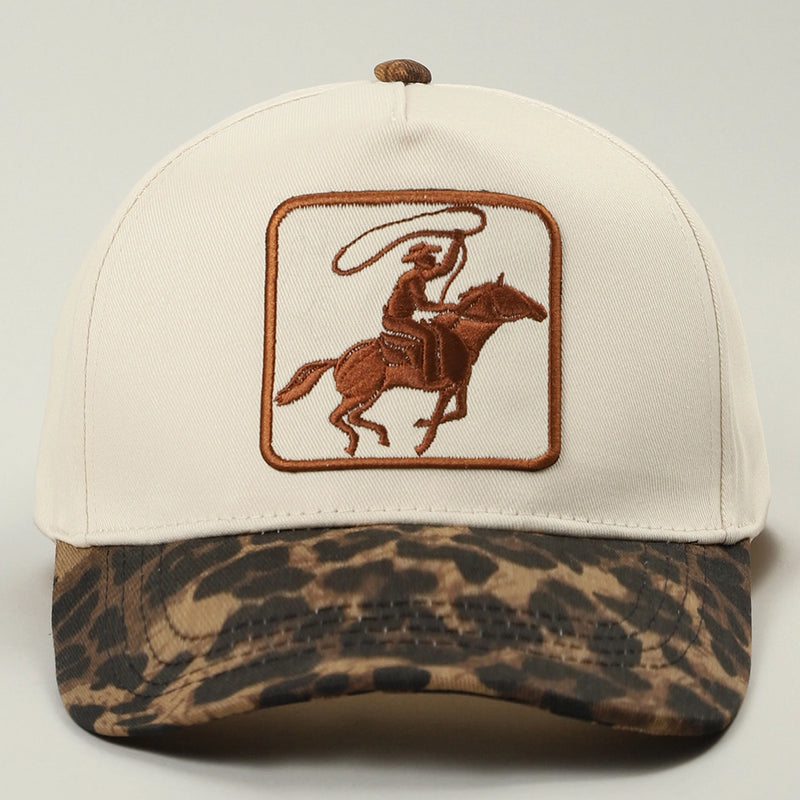 Cowboy Embroidered Patch Leopard Brim Trucker Hat