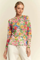 Flower Printed Mesh Round Neck Long Sleeve Top