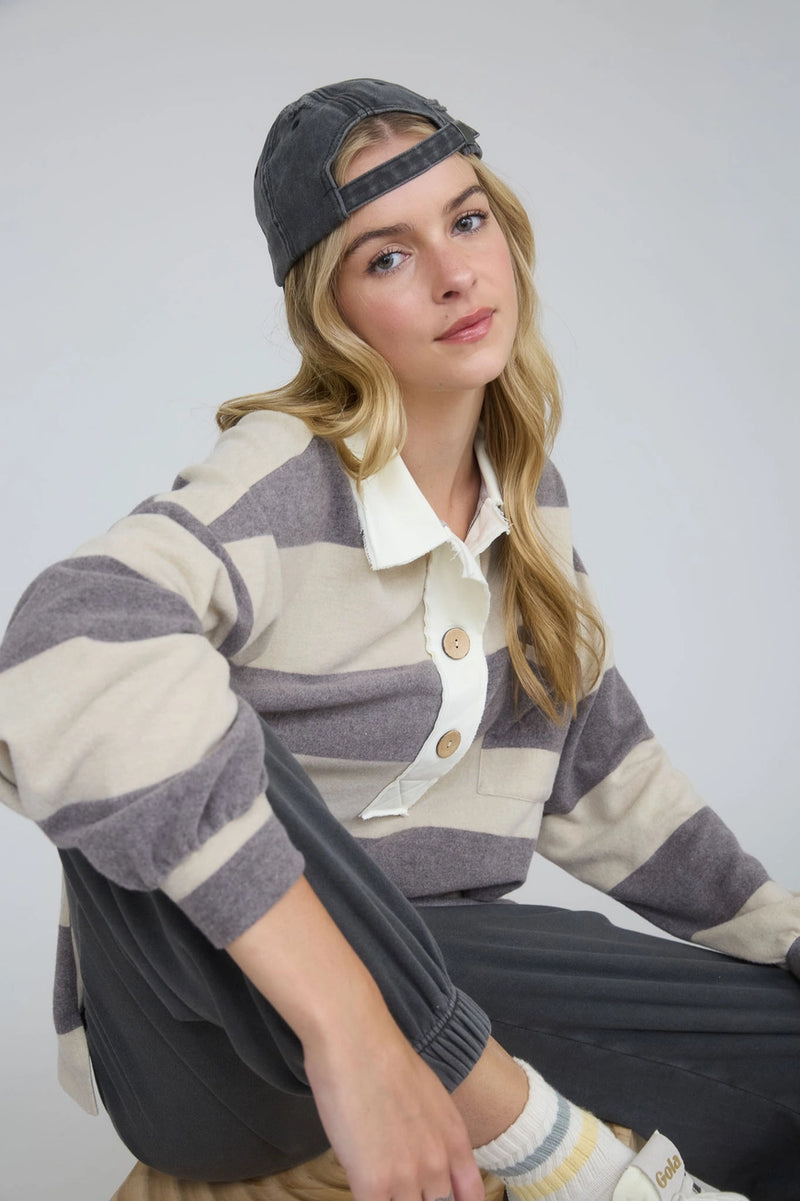 Washed Striped Collar Contrast Top