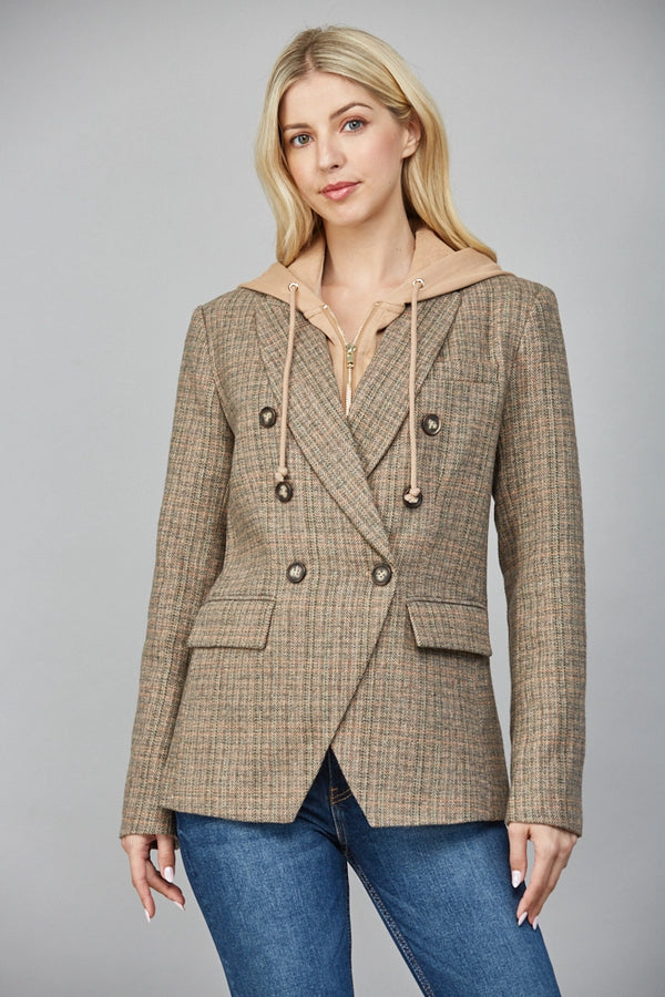 Hooded Herringbone Pattern Double Breasted Blazer