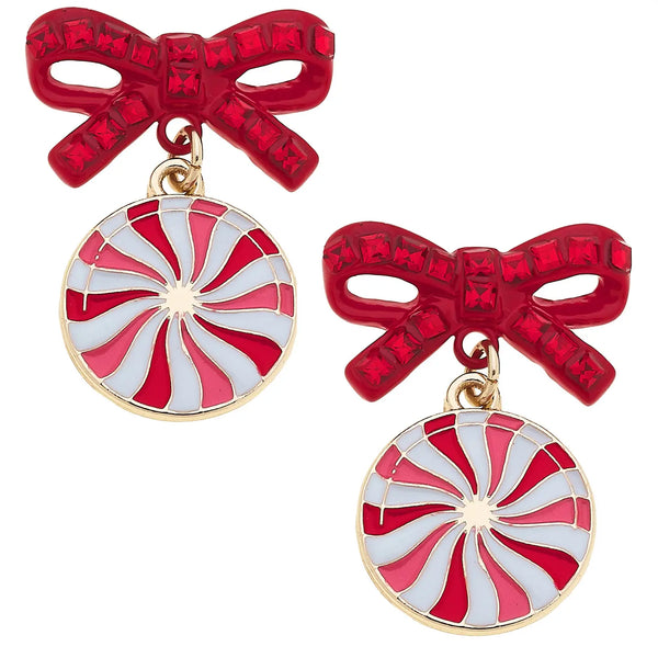 Pave Peppermint Bow Earrings in Red & White