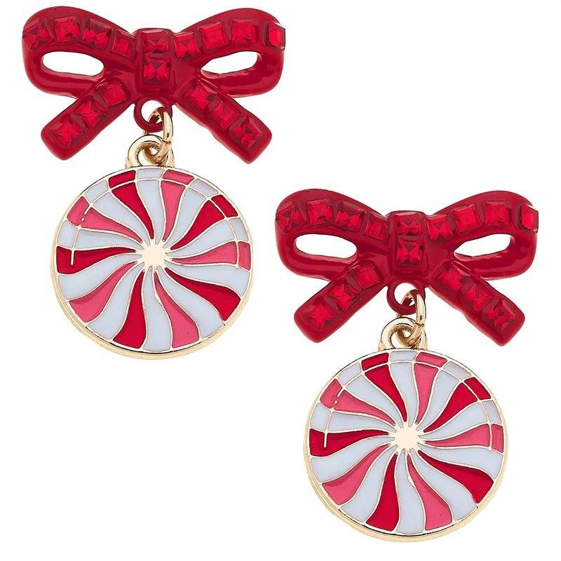 Pave Peppermint Bow Earrings in Red & White