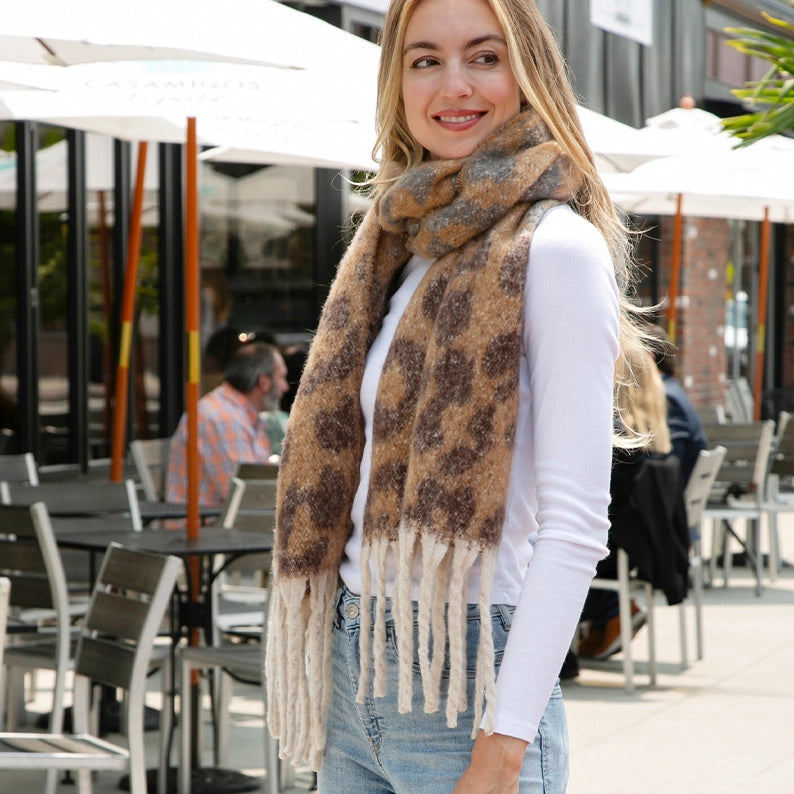 Leopard Print Oblong Scarf Shawl with Fringe