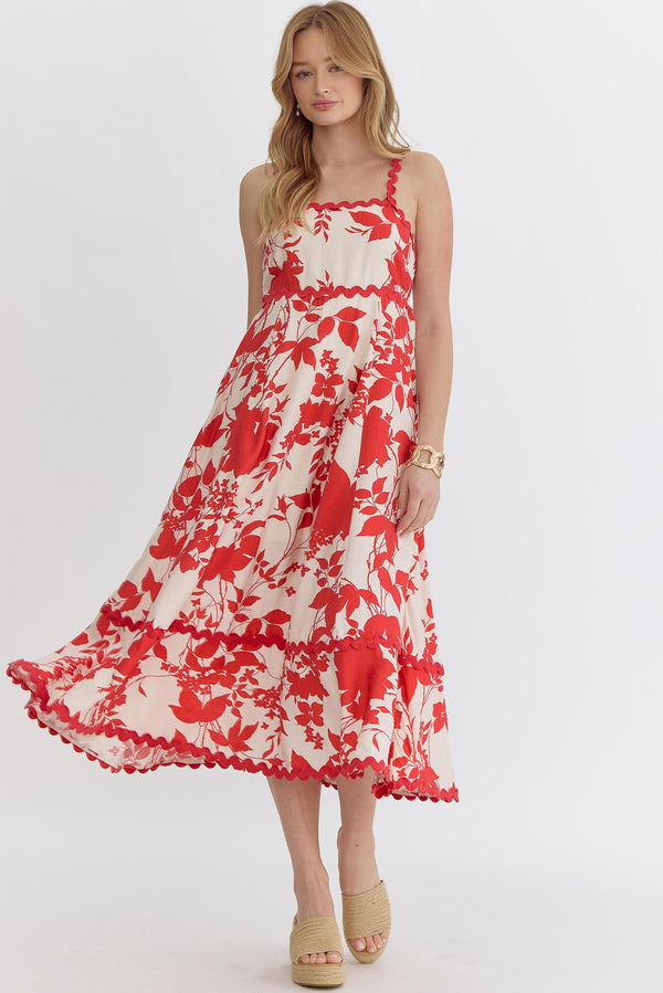 Scarlet Blossom Midi Dress