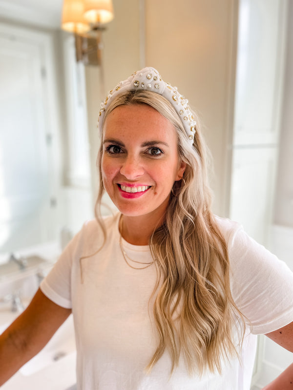 Brianna Cannon White Velvet Knotted Headband with Crystals & Pearls