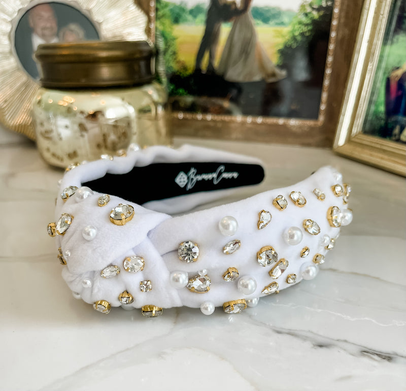 Brianna Cannon White Velvet Knotted Headband with Crystals & Pearls